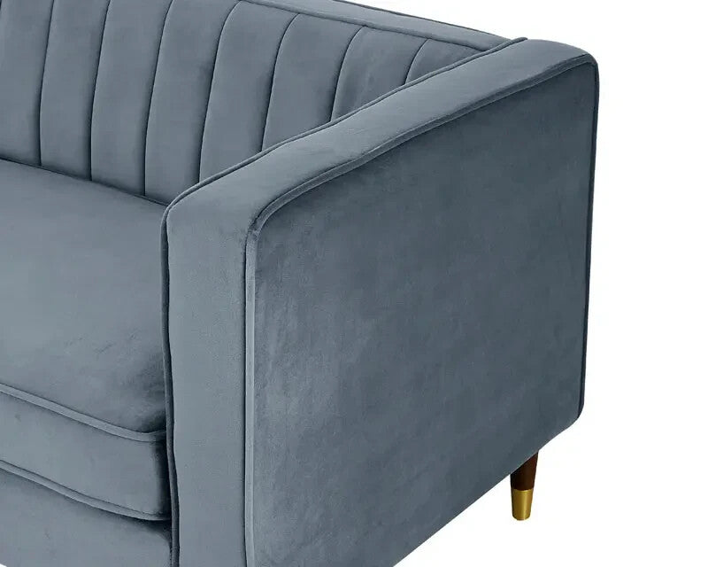 Grey Velvet 2 Seater Sofa Ribbed Back High Arms Wood Legs Modern Couch