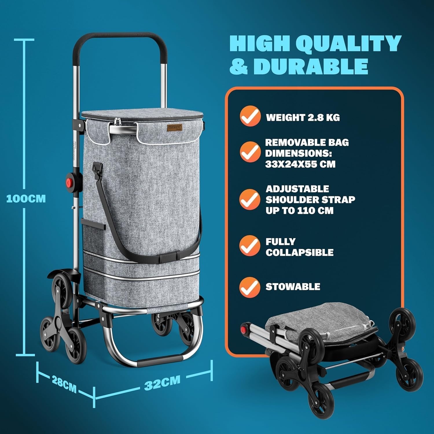 3in1 Foldable Stair Climber Shopping Trolley 56L 50kg w/ Cooler Grey