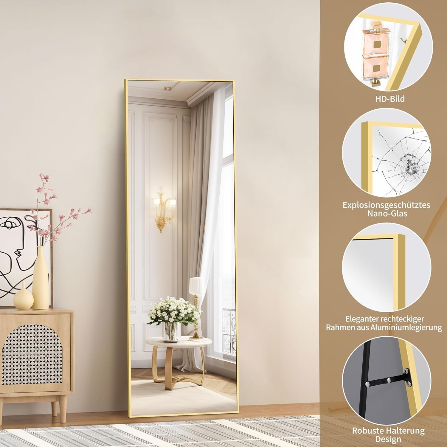 Gold Full Body Mirror 150x40cm Freestanding & Wall Mount Bedroom Use