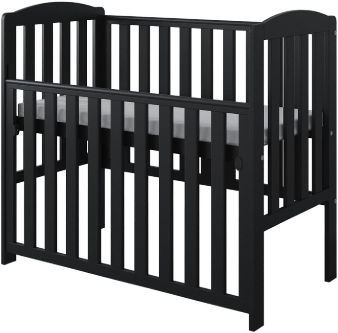 Space Saver Baby Cot with Drop Side Adjustable Height Grey Mini Crib Black