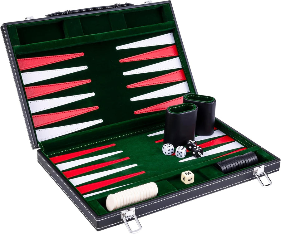 15” Backgammon Set Luxury Faux Leather Attache Case Green Travel Board