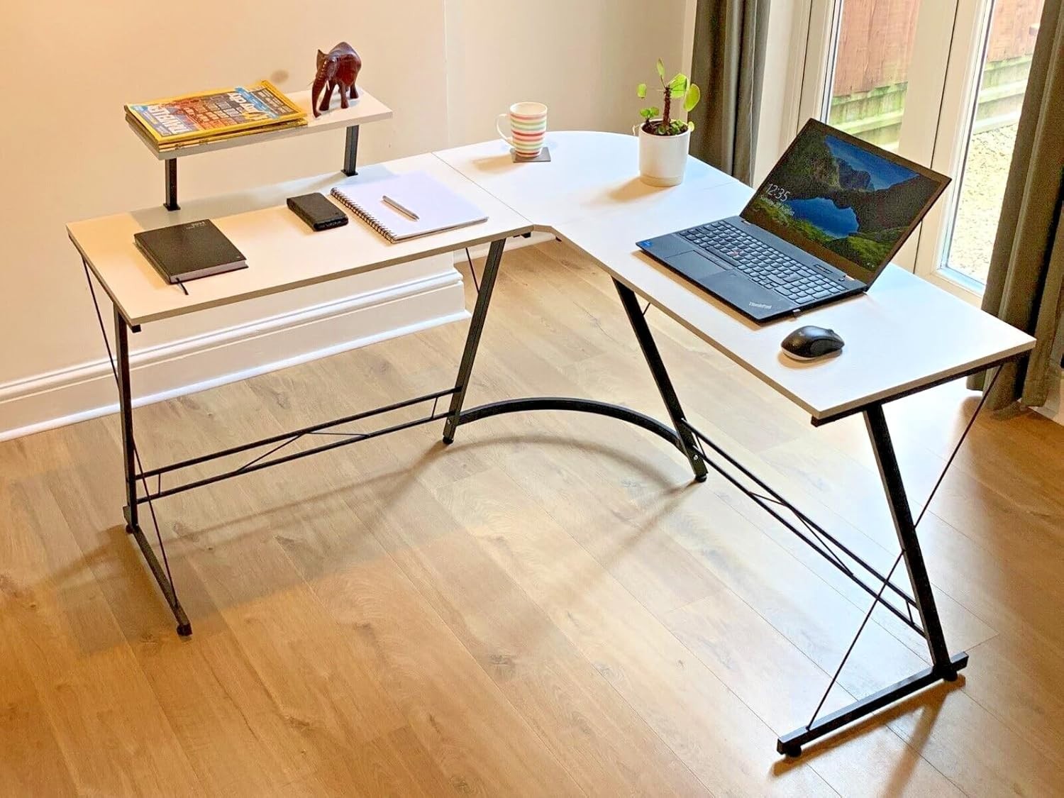 L-Shaped Corner Desk White Gaming Computer Table with Monitor Stand 129cm