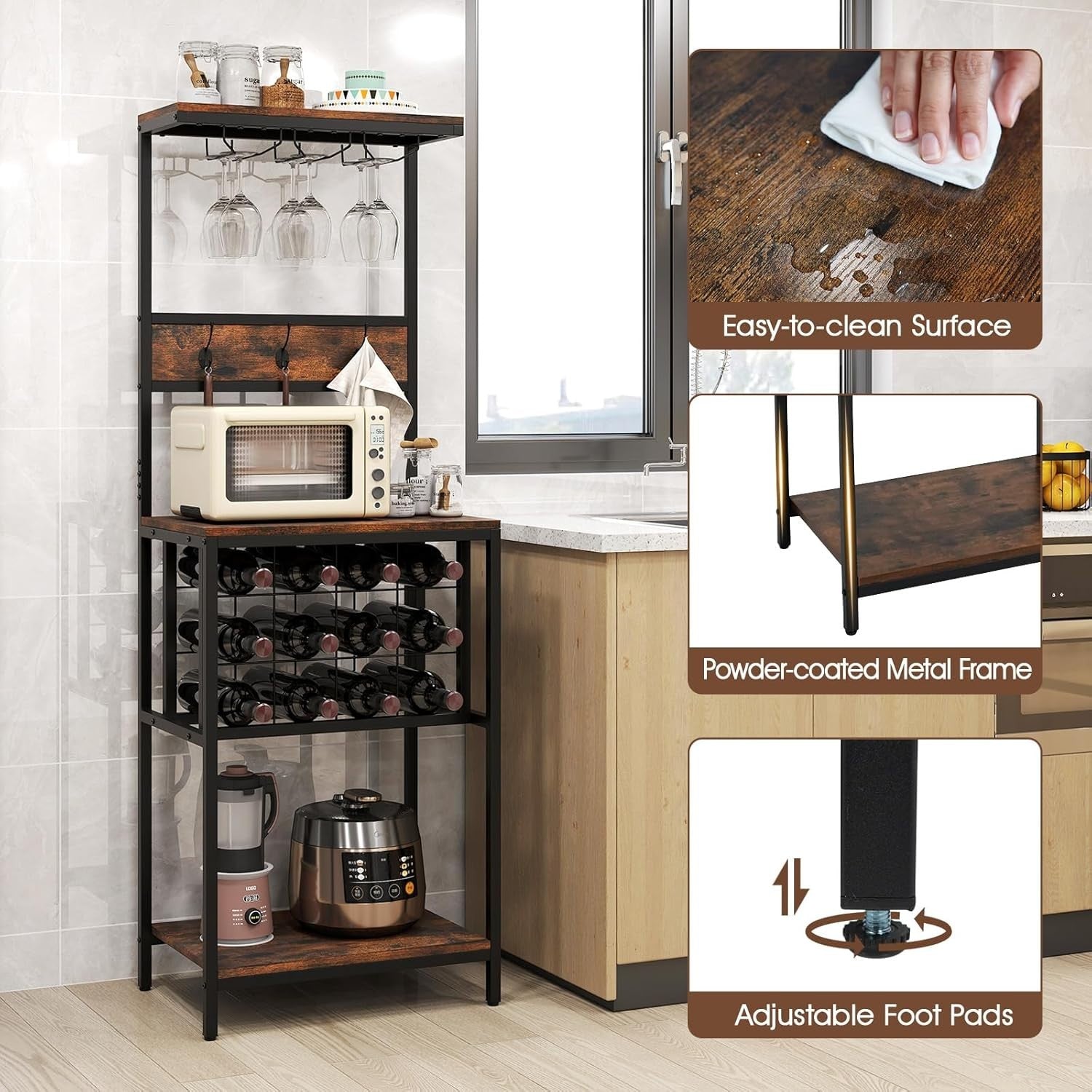 Freestanding Wine Rack Bar Cabinet with Glass Holder & Storage Shelves