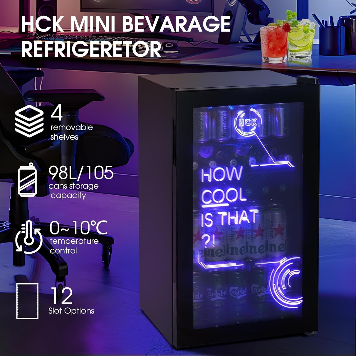 98L Mini Fridge with LED Lights Cyberpunk Bar Cooler Frost-Free Low Noise