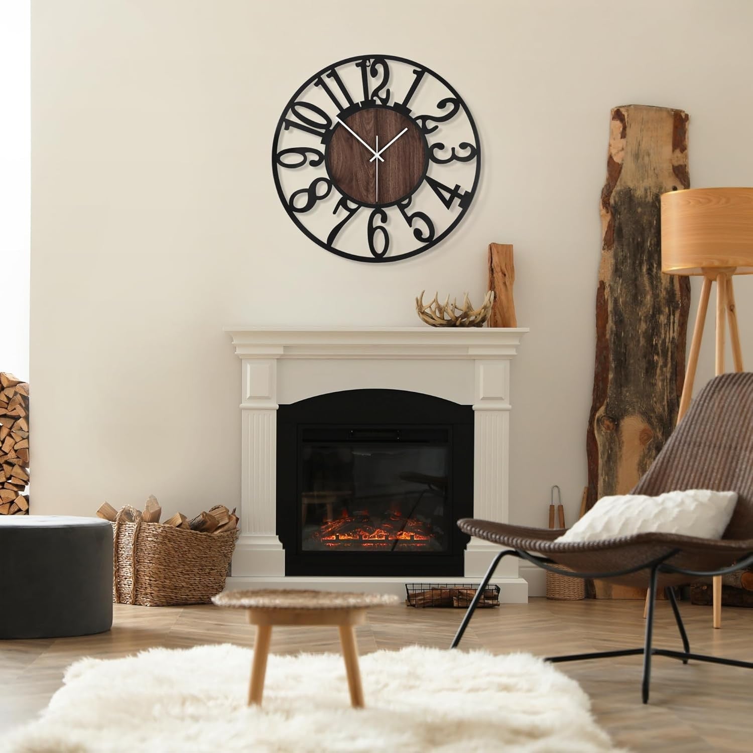 20" Large Wall Clock Retro Wood & Metal Silent Arabic Numerals Modern Decor