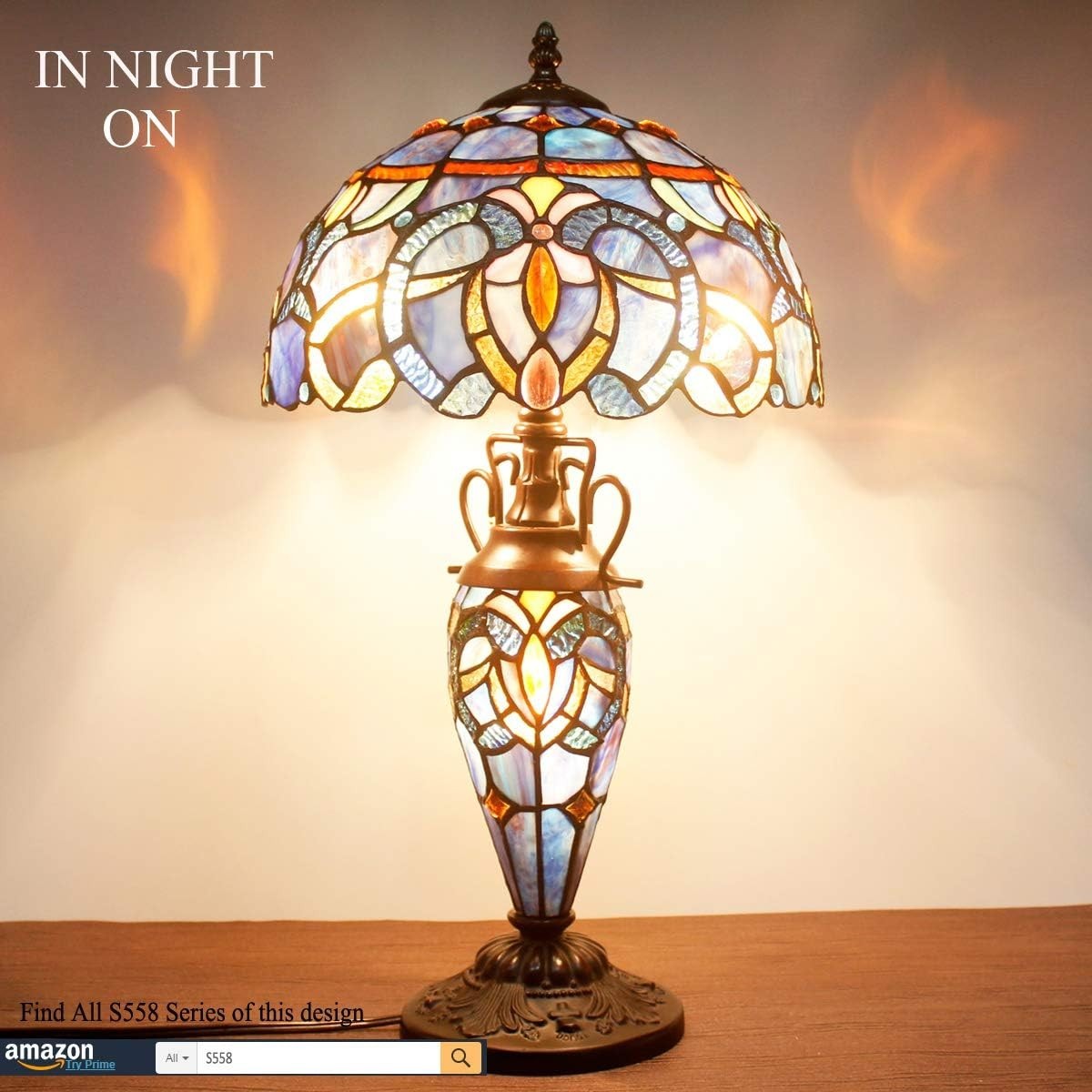 Stained Glass Tiffany Table Lamp with 3 Adjustable LED Lights & Bronze Base