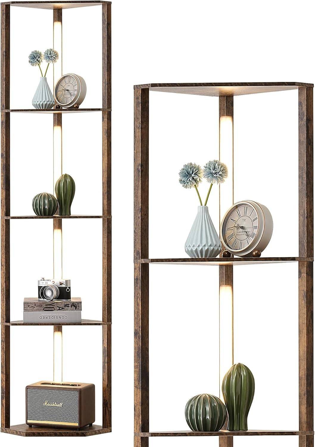 LED Corner Floor Lamp Shelf Unit 4-Tier Wood Storage Dimmable Light