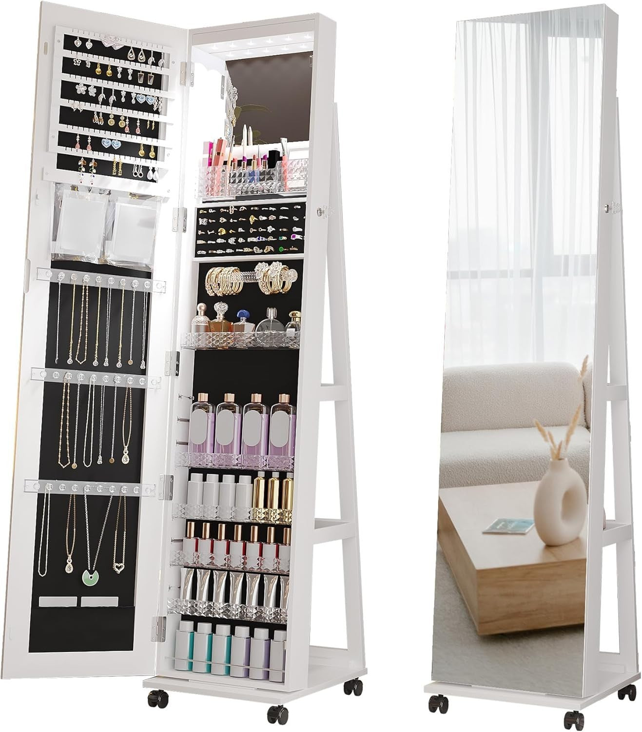 White 360° Swivel LED Jewelry Cabinet Mirror Lockable Rolling Organizer
