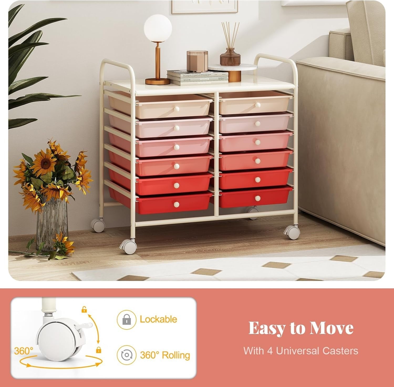 12 Drawer Rolling Storage Cart Pink Utility Trolley Organizer Wheels