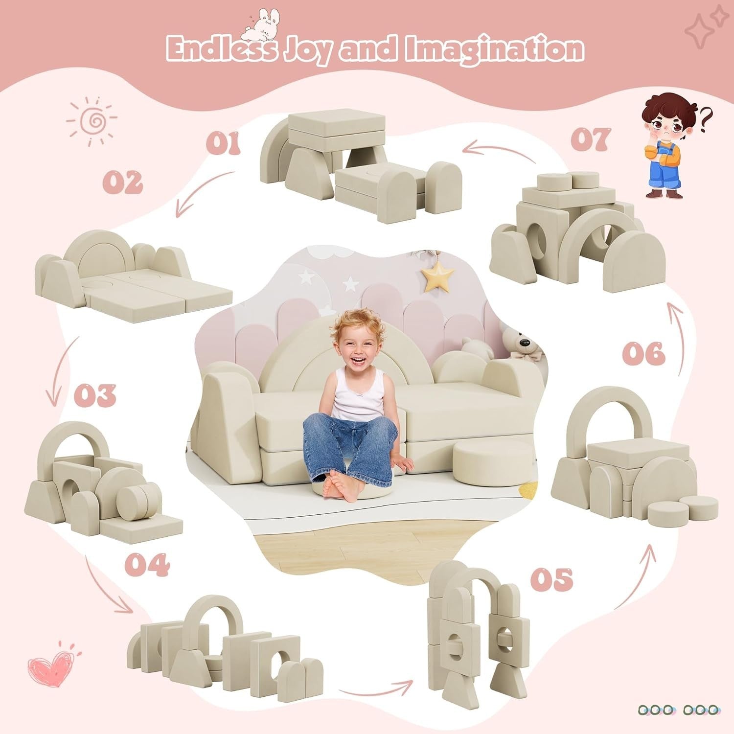 Modular Kids Play Couch Sofa Bed Foam Fort Building Set Beige