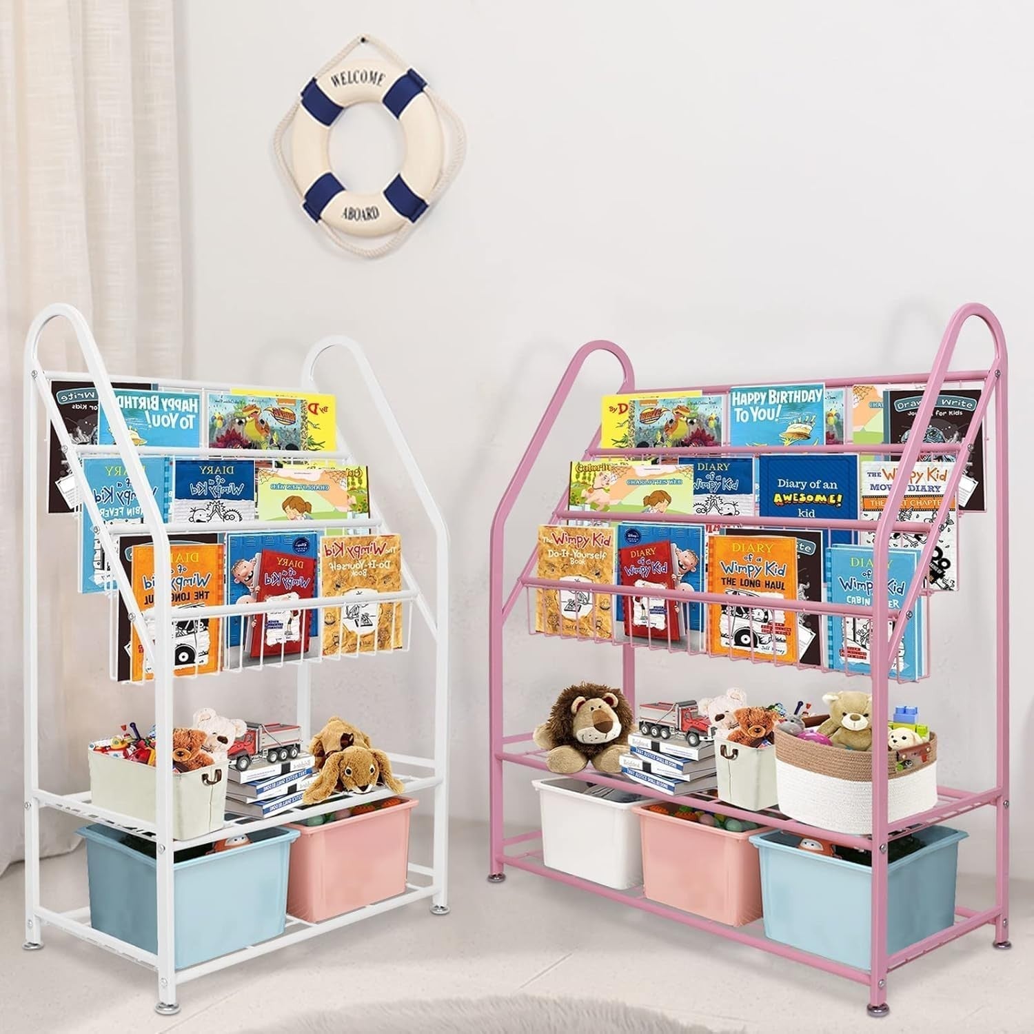 Kids Medium Leaning Bookshelf & Toy Organizer Rack – Durable Metal, Pink