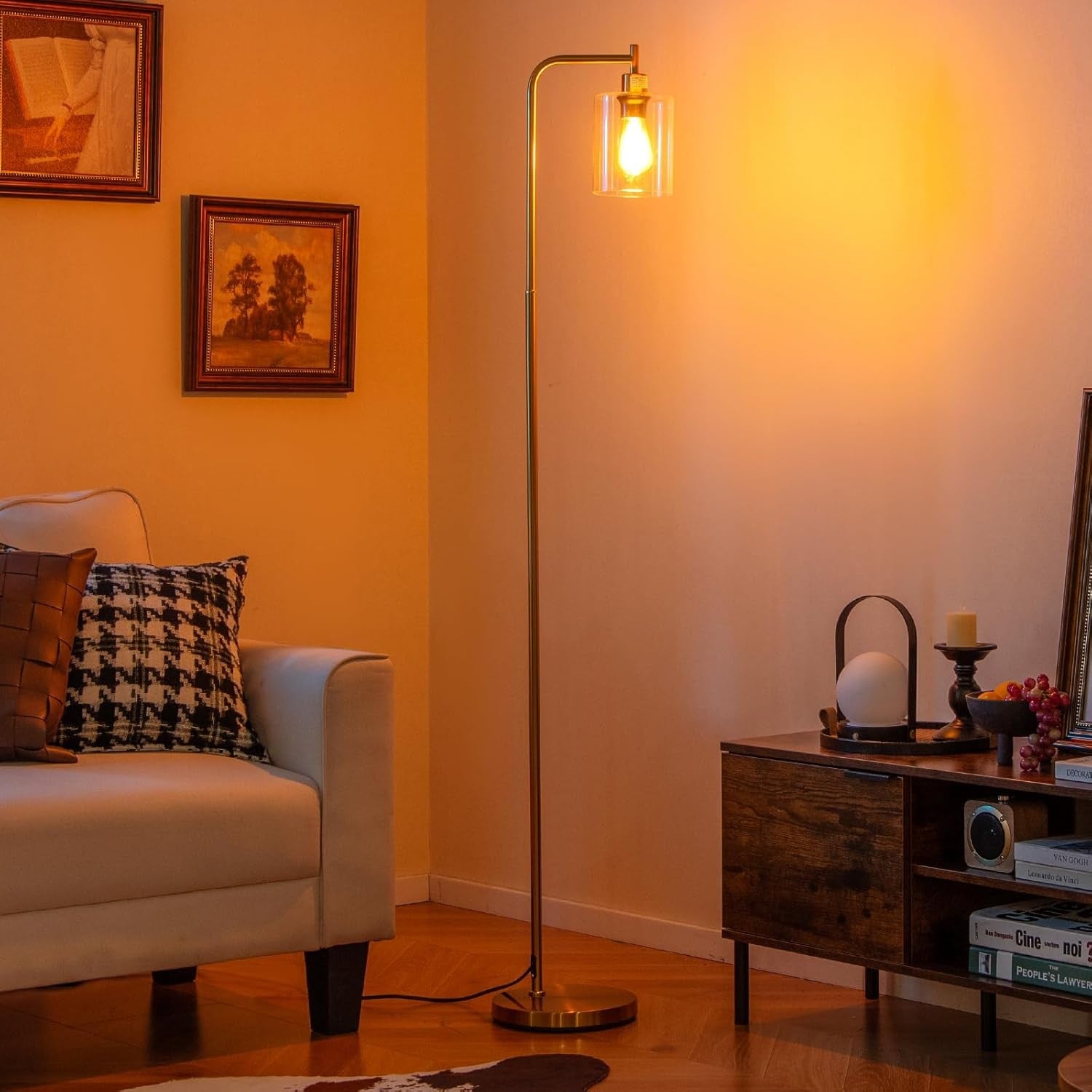 Gold Floor Lamp Hanging Glass Shade E27 Modern Standing Reading Light