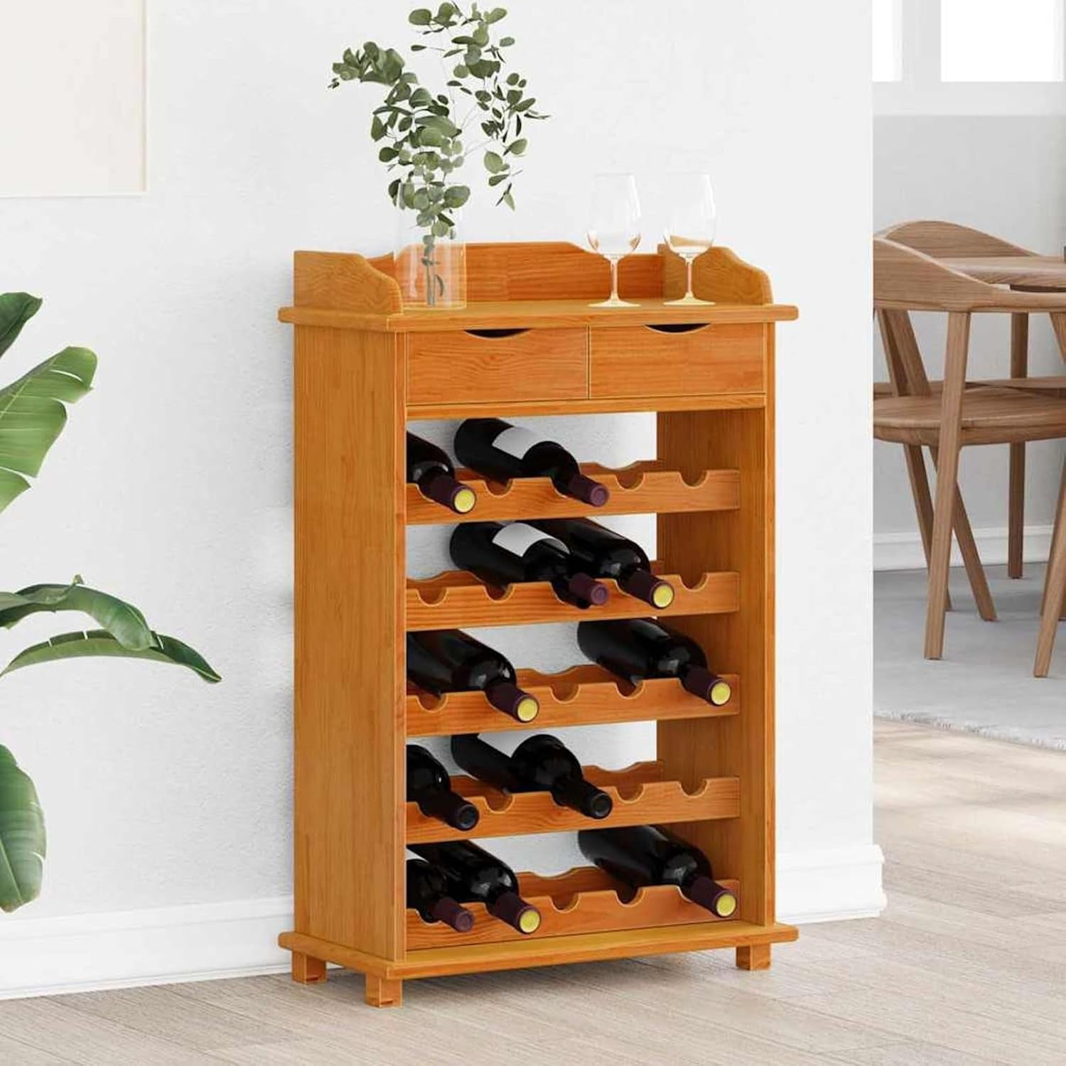 20 Bottle Rustic Wood Wine Rack Cabinet with Top Shelf Storage Stand Kitchen Bar