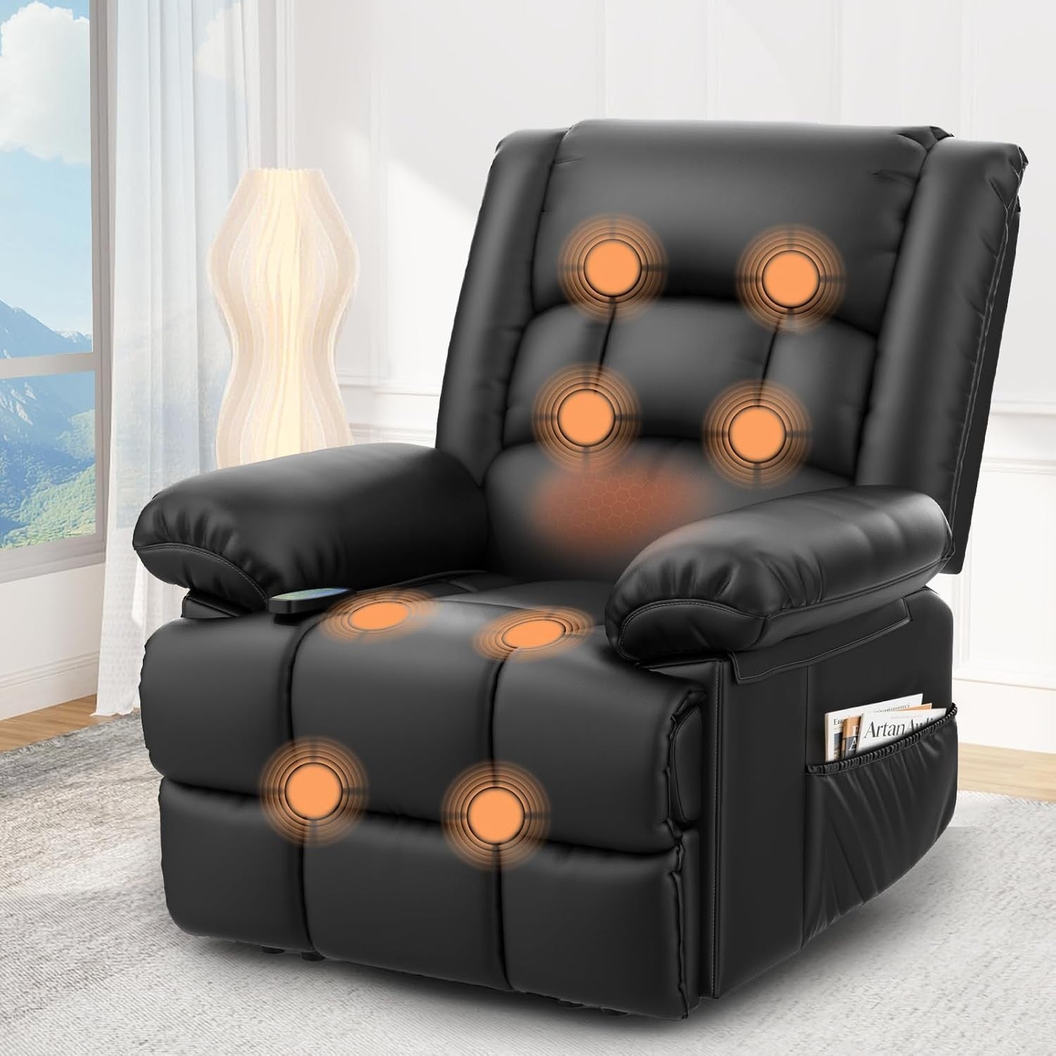 Manual Recliner Chair Massage Heat 135° Recline Footrest Dual Pockets Black