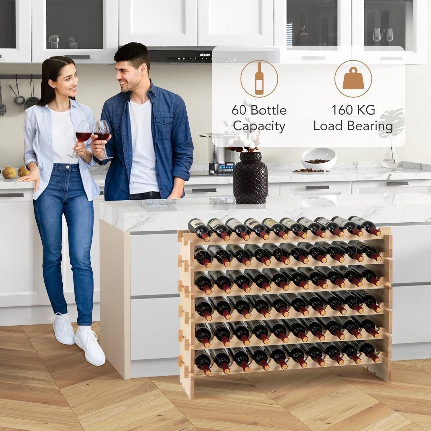 Large 60 Bottle Wooden Wine Rack 6 Tier Stackable Storage Shelf Home Bar Cellar