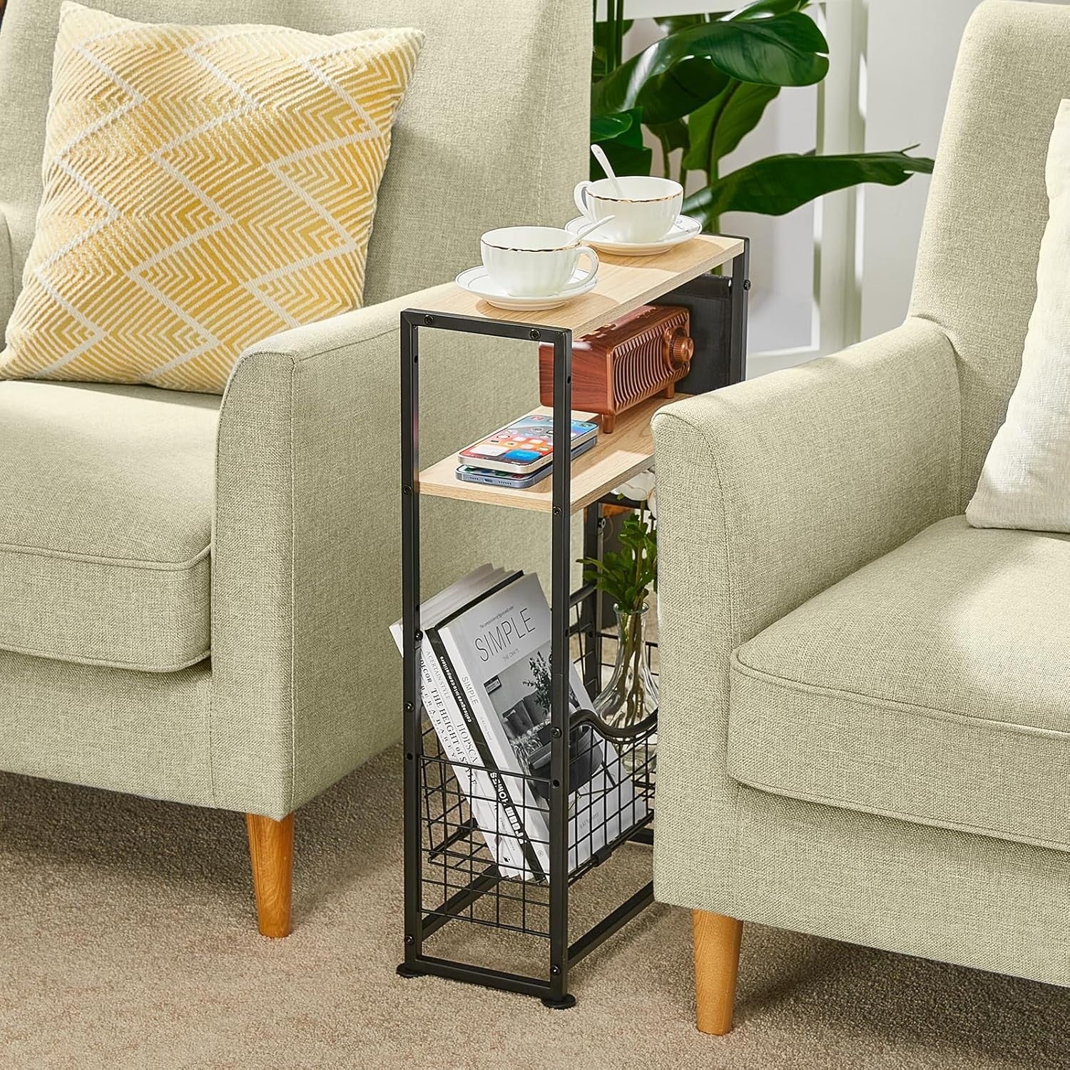 3-Tier Narrow Side Table 30x30x50 cm | Slim End Table w/ Magazine & Fabric Stora