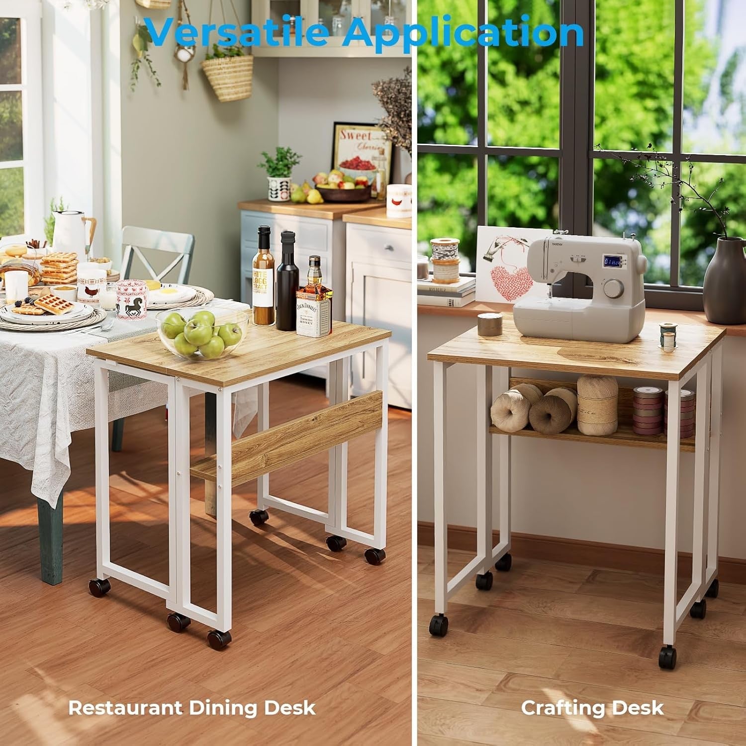 Small Folding Desk with Storage Shelf Rolling Computer Desk for Home Office