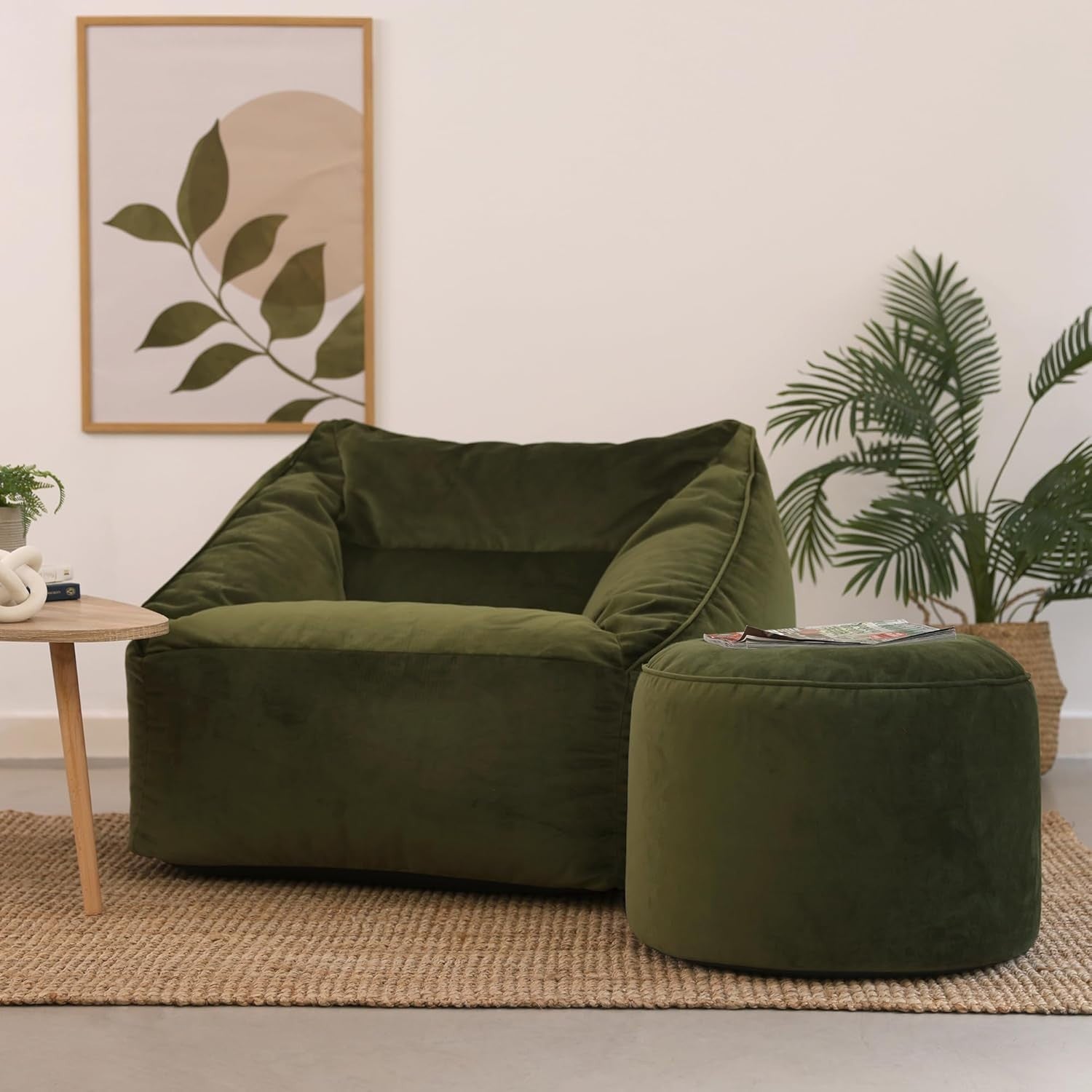 Large Olive Green Velvet Bean Bag Chair with Pouffe, Soft Filling & Support