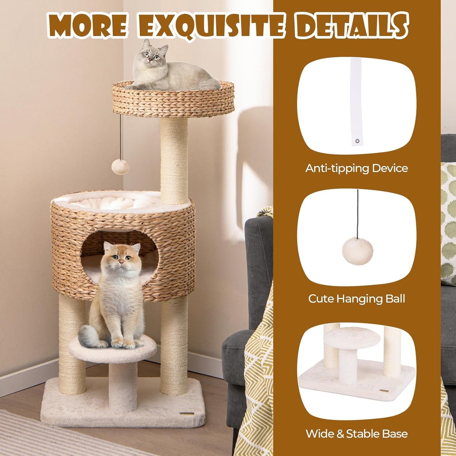 Modern Cat Tree Tower With Wicker Condo Top Perch Scratching Posts Indoor