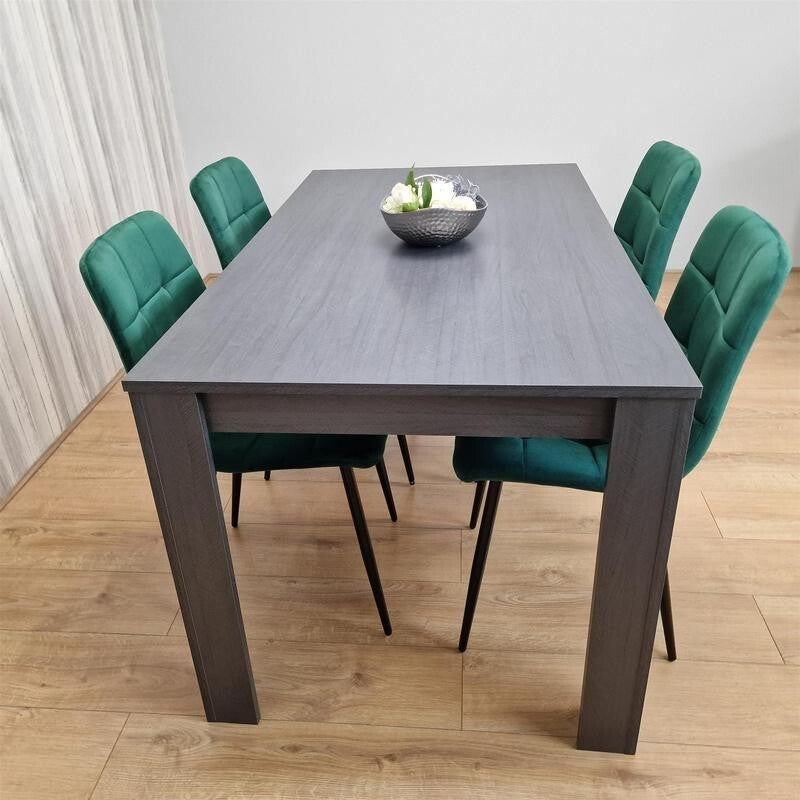 Dark Wood Dining Table Set with 4 Green Velvet Chairs Kitchen Furniture