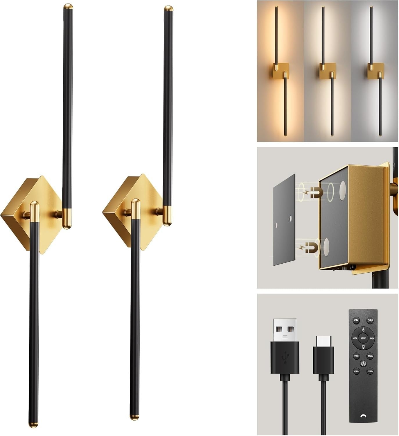Rechargeable Magnetic Wall Lights with Remote, Dimmable 3 Colors, USB-C