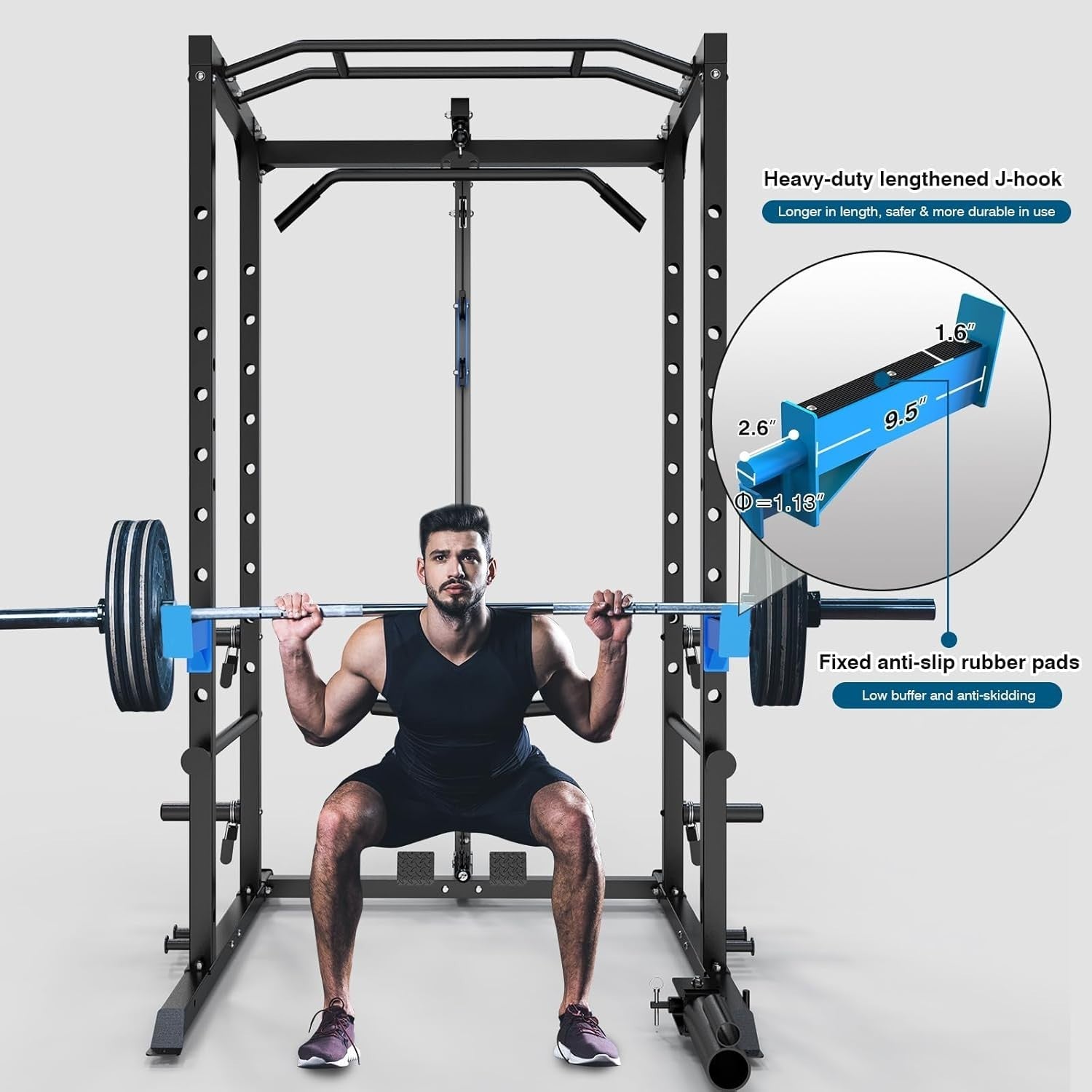 Multi-Functional Power Rack Cage J-Hooks Dip Handles Cable Pulley