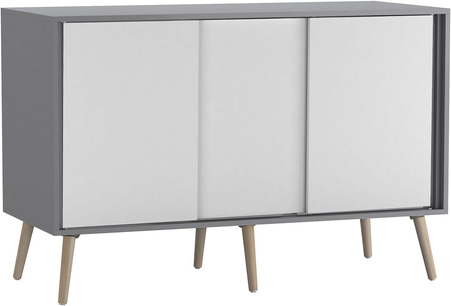 Modern Sideboard Cabinet 3 Door Sliding Storage Unit Grey White Pine