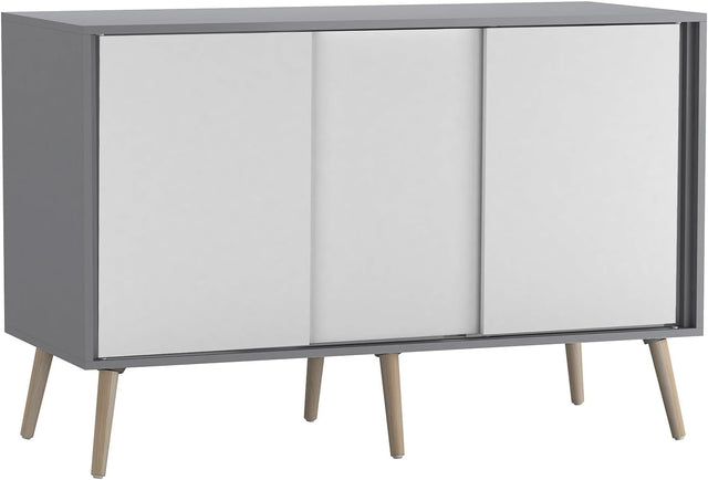 Modern Sideboard Cabinet 3 Door Sliding Storage Unit Grey White Pine