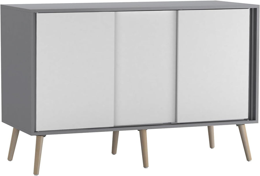 Modern Sideboard Cabinet 3 Door Sliding Storage Unit Grey White Pine