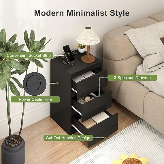Modern Bedside Table with 3 Drawers & Power Station, Black Wooden Nightstand