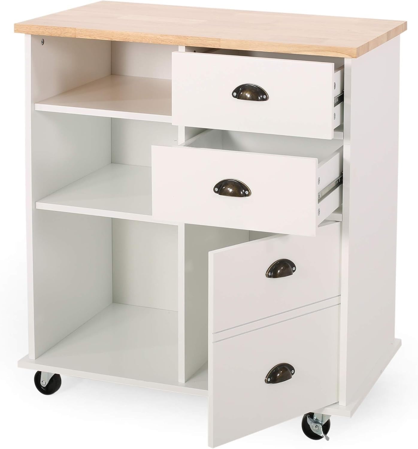 Contemporary Rolling Kitchen Cart with Rubberwood Top, Drawers & Shelves