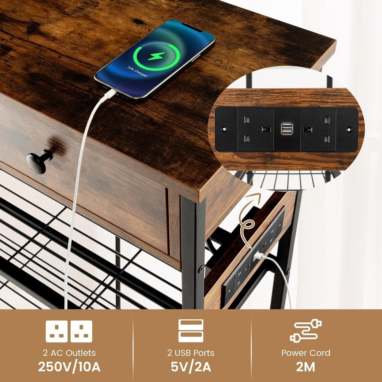 Rustic Console Table with Charging Station, Drawers & Metal Storage Shelves