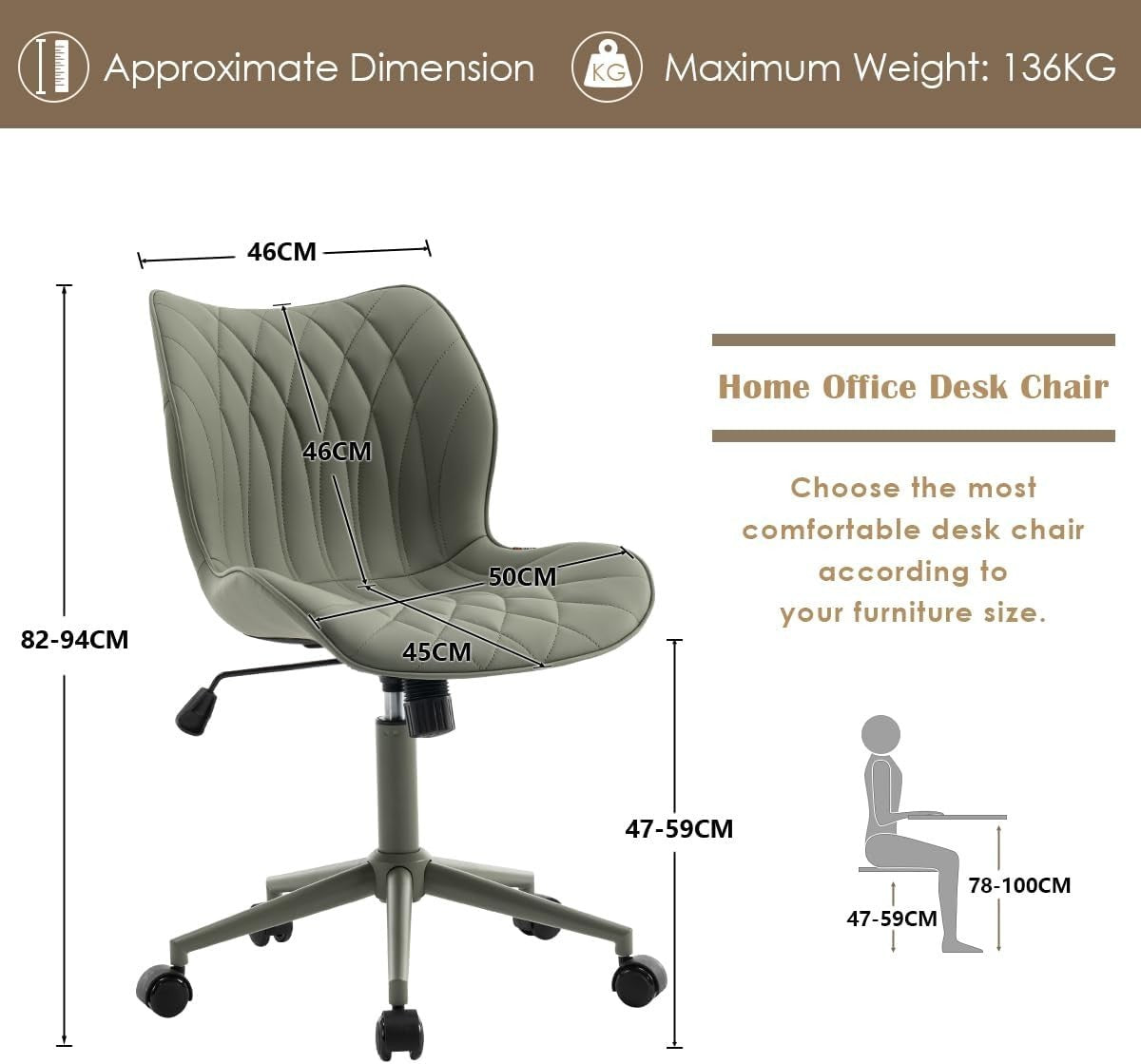 Ergonomic Swivel Desk Chair Armless Adjustable Height Home Office Faux Leather