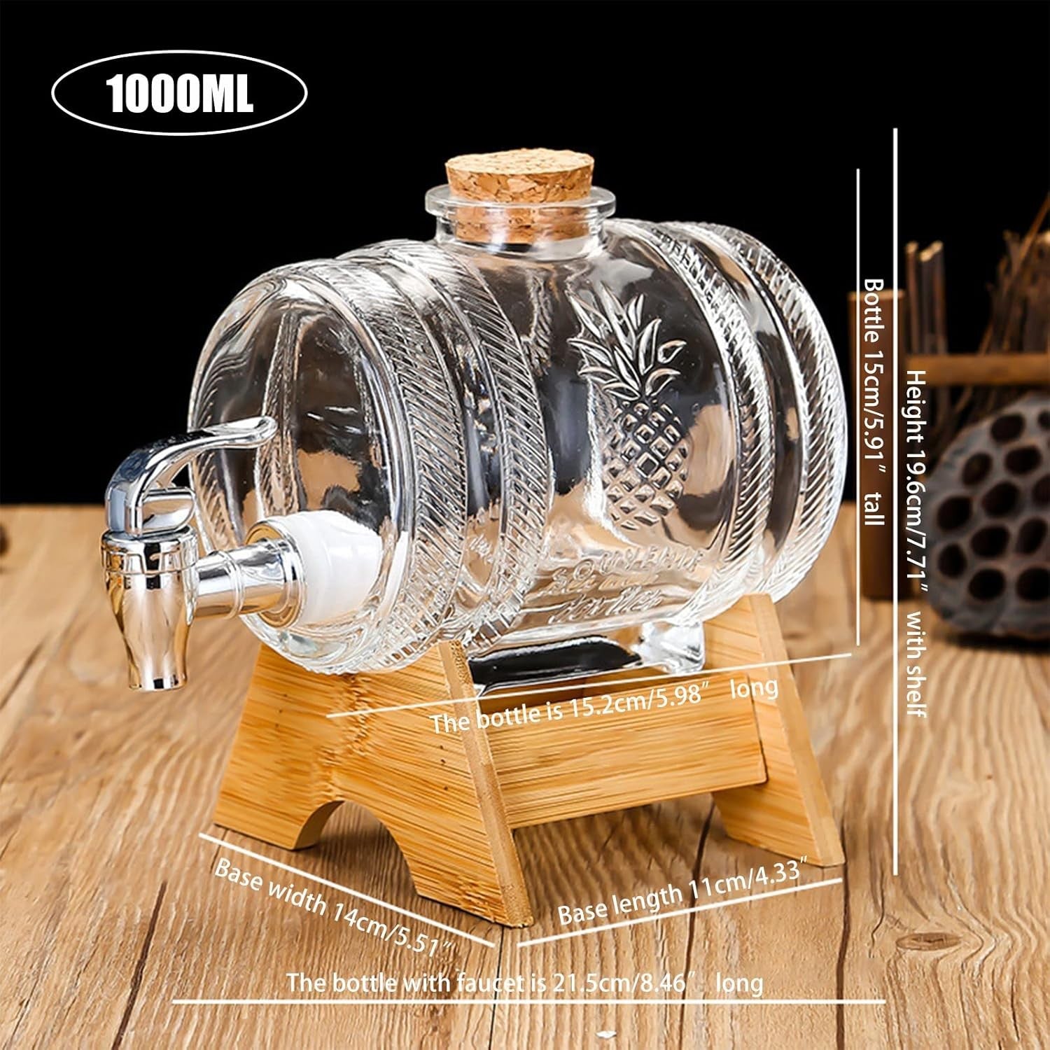 Luxury 1L Barrel Glass Drink Dispenser with Tap & Wooden Stand | Whiskey Beer Ju