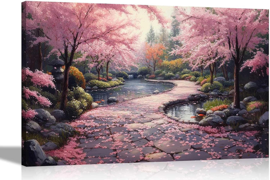 76×50 cm Pink Blossom Trees Japanese Garden Canvas Wall Art – Modern Decor