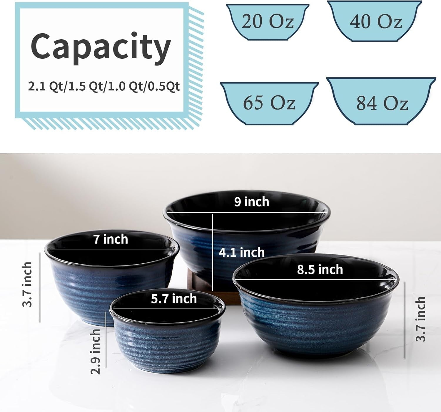 4 Pcs Blue Ceramic Mixing Bowls Microwave Oven Safe Nesting Set