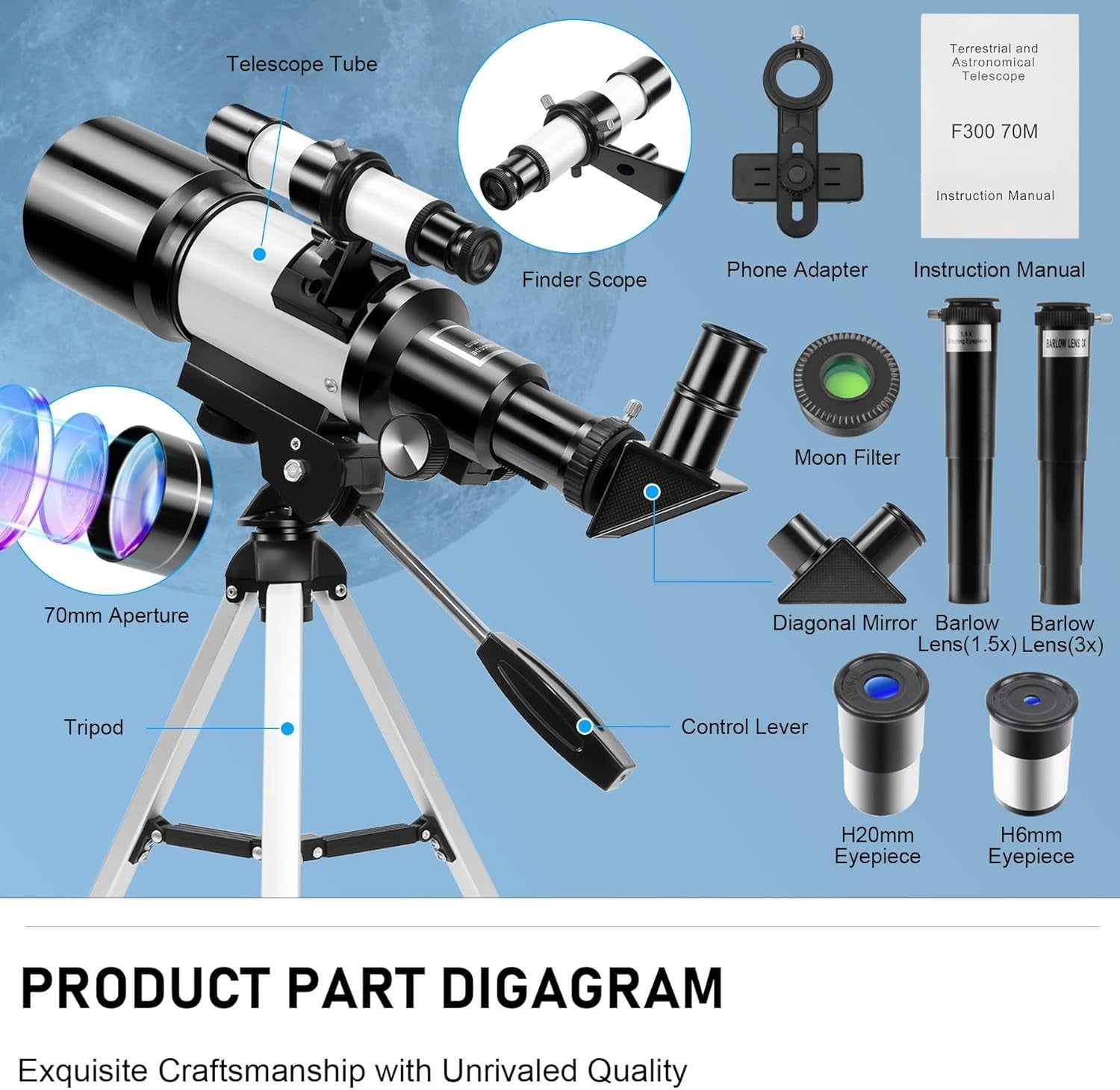 Portable 70mm Kids & Adults Telescope 150X Refractor with Tripod & Phone Mount