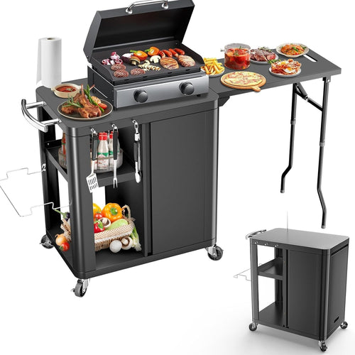 Outdoor BBQ Grill Cart Table with Foldable Side Table Storage Hooks Wheels Black