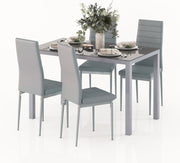Modern 4-Seater Grey Glass Dining Table with Faux Leather Chairs