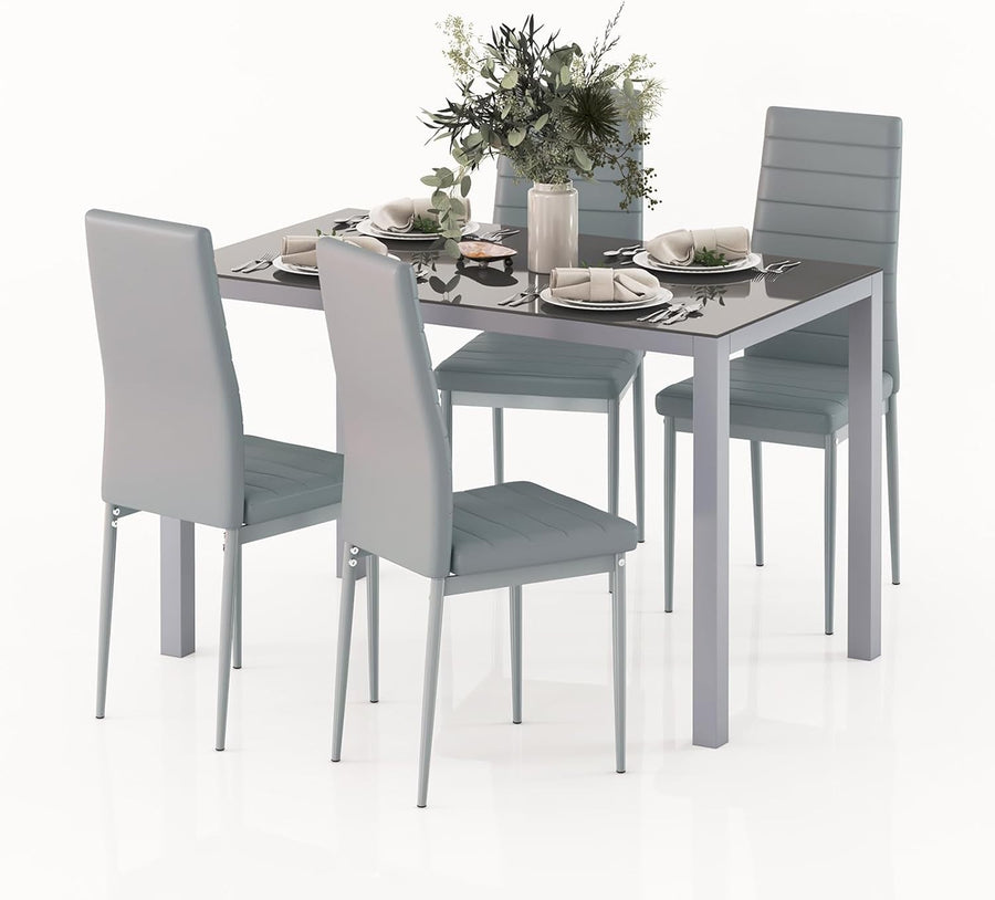 Modern 4-Seater Grey Glass Dining Table with Faux Leather Chairs