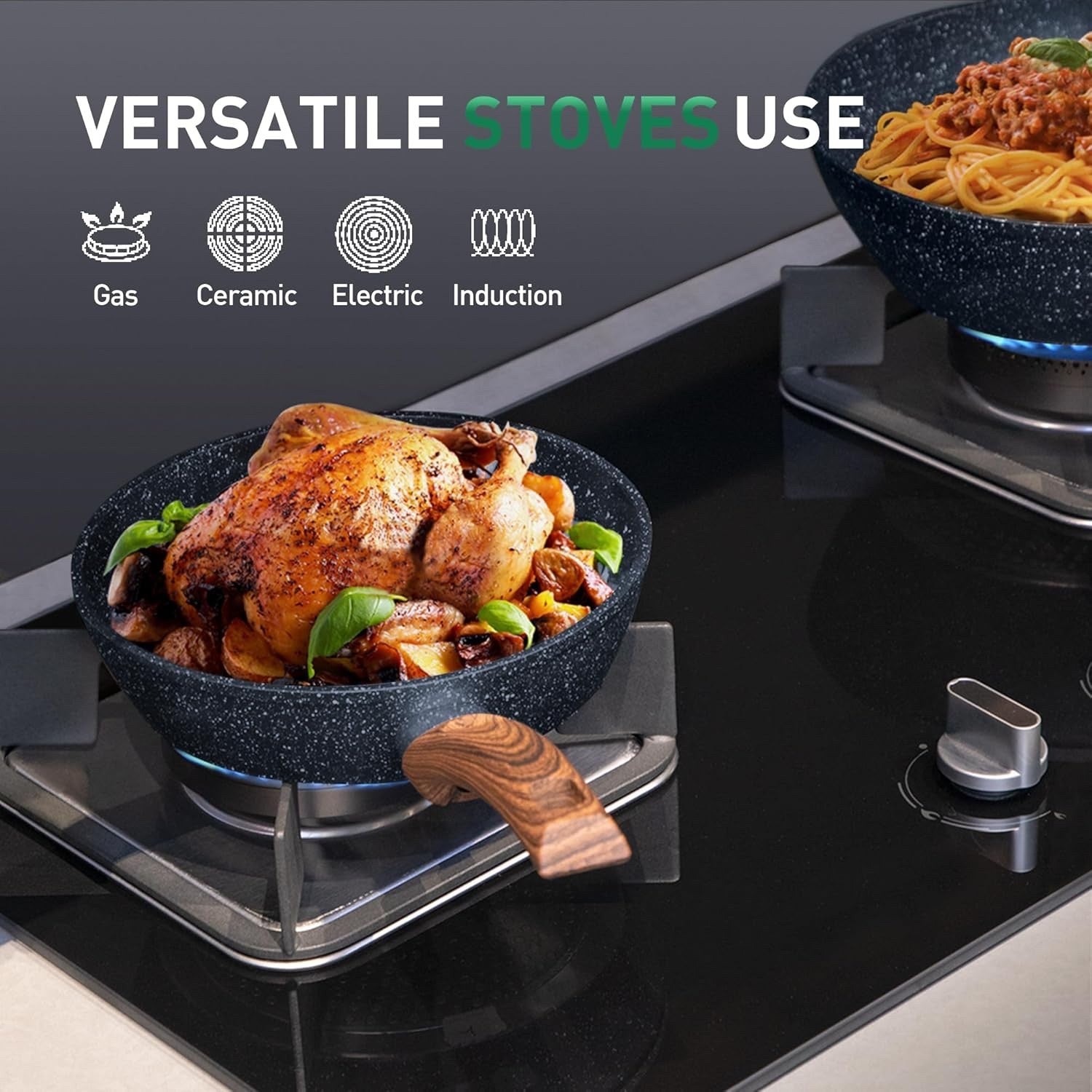 12pcs Blue Granite Non Stick Cookware Set – Pots & Pans with Lids and Utensils