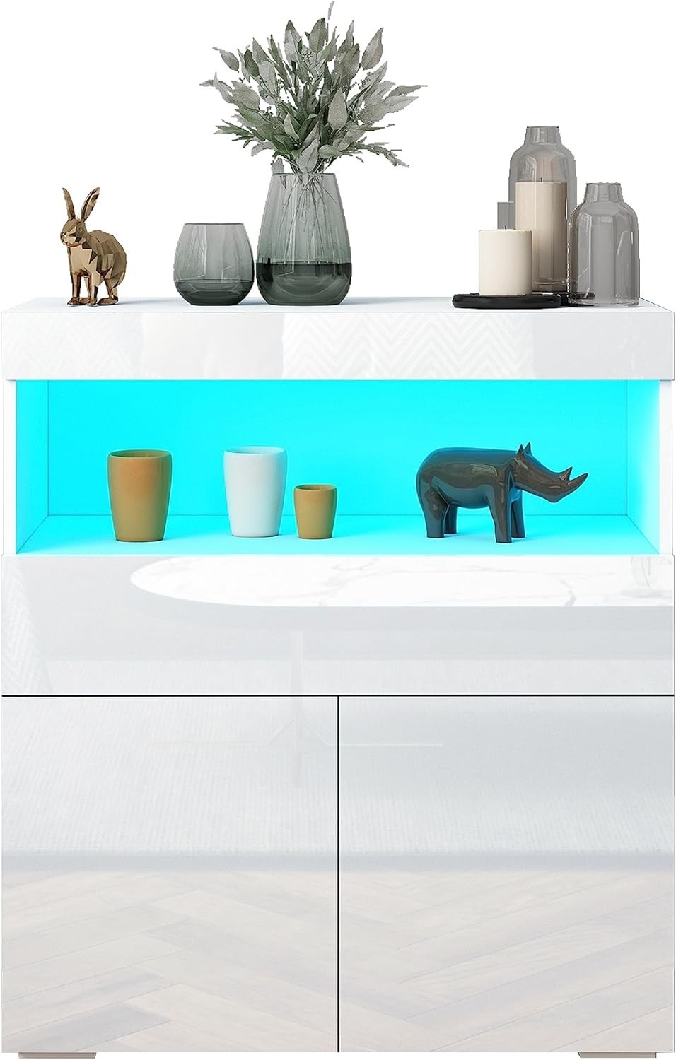 White High Gloss Sideboard Cabinet with LED Lights, Storage & Lockable Doors