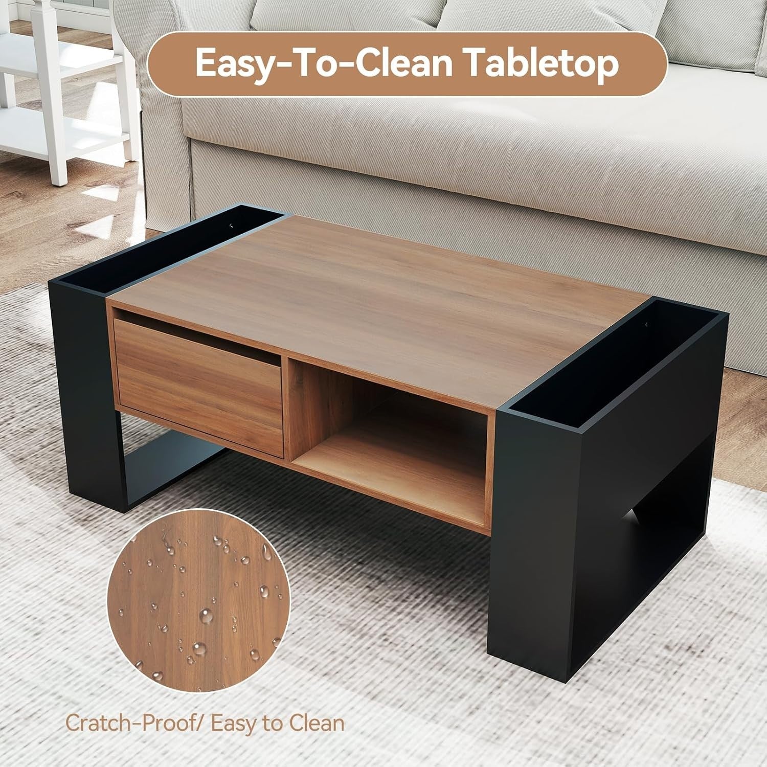Rustic Brown Coffee Table with Storage Drawer & Shelves 98x50x40cm