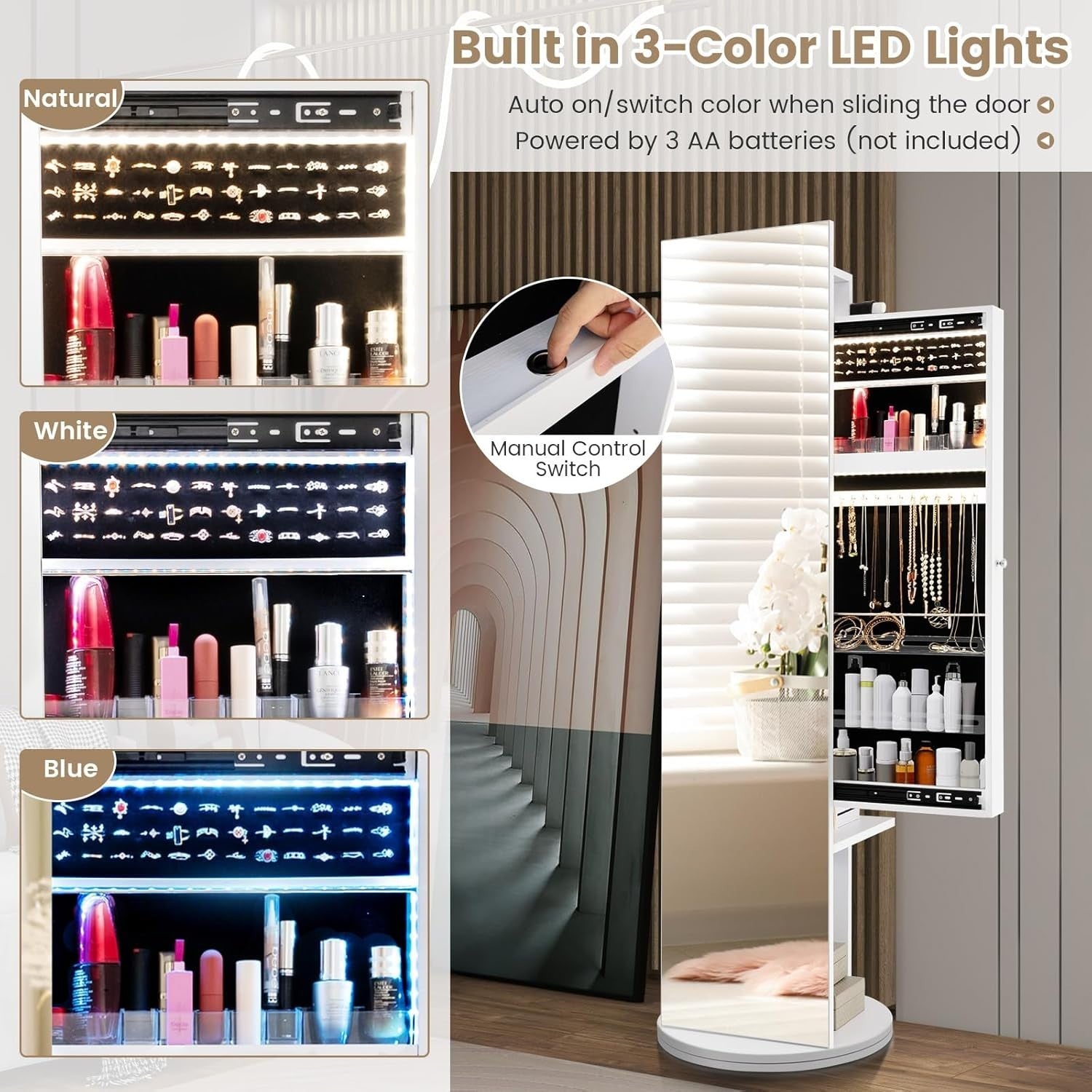 360° Swivel Jewelry Cabinet LED Mirror Coat Rack Storage Organizer