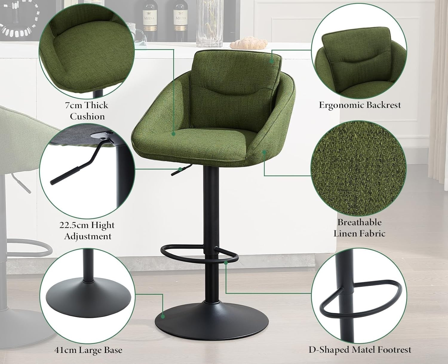 Adjustable Green Swivel Bar Stools Set of 2 | Linen Seat, Metal Base