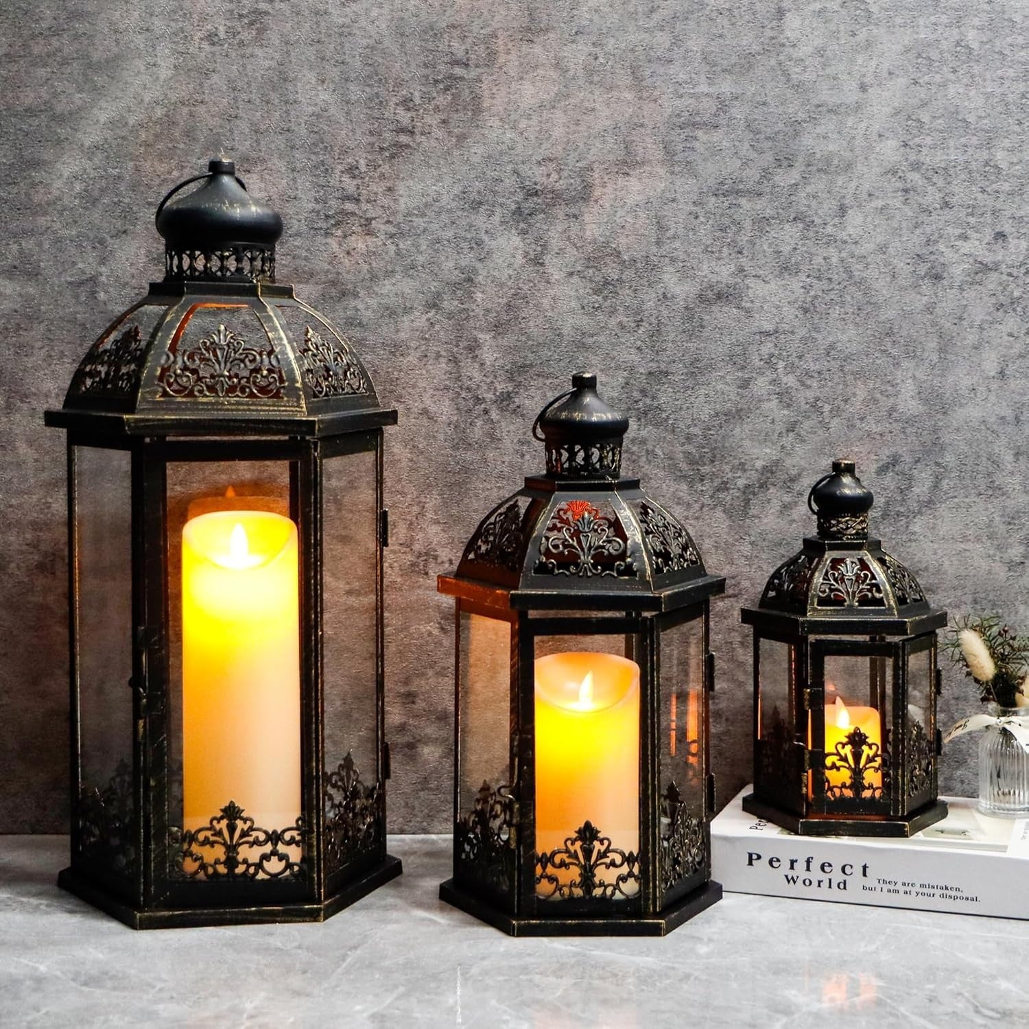 3-Pack Vintage Black Gold Metal Candle Lanterns