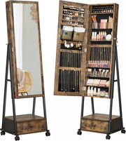 Lockable Rolling Jewelry Cabinet Full Length Mirror Drawer Shelf Organizer