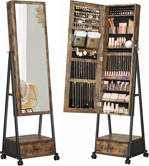 Lockable Rolling Jewelry Cabinet Full Length Mirror Drawer Shelf Organizer
