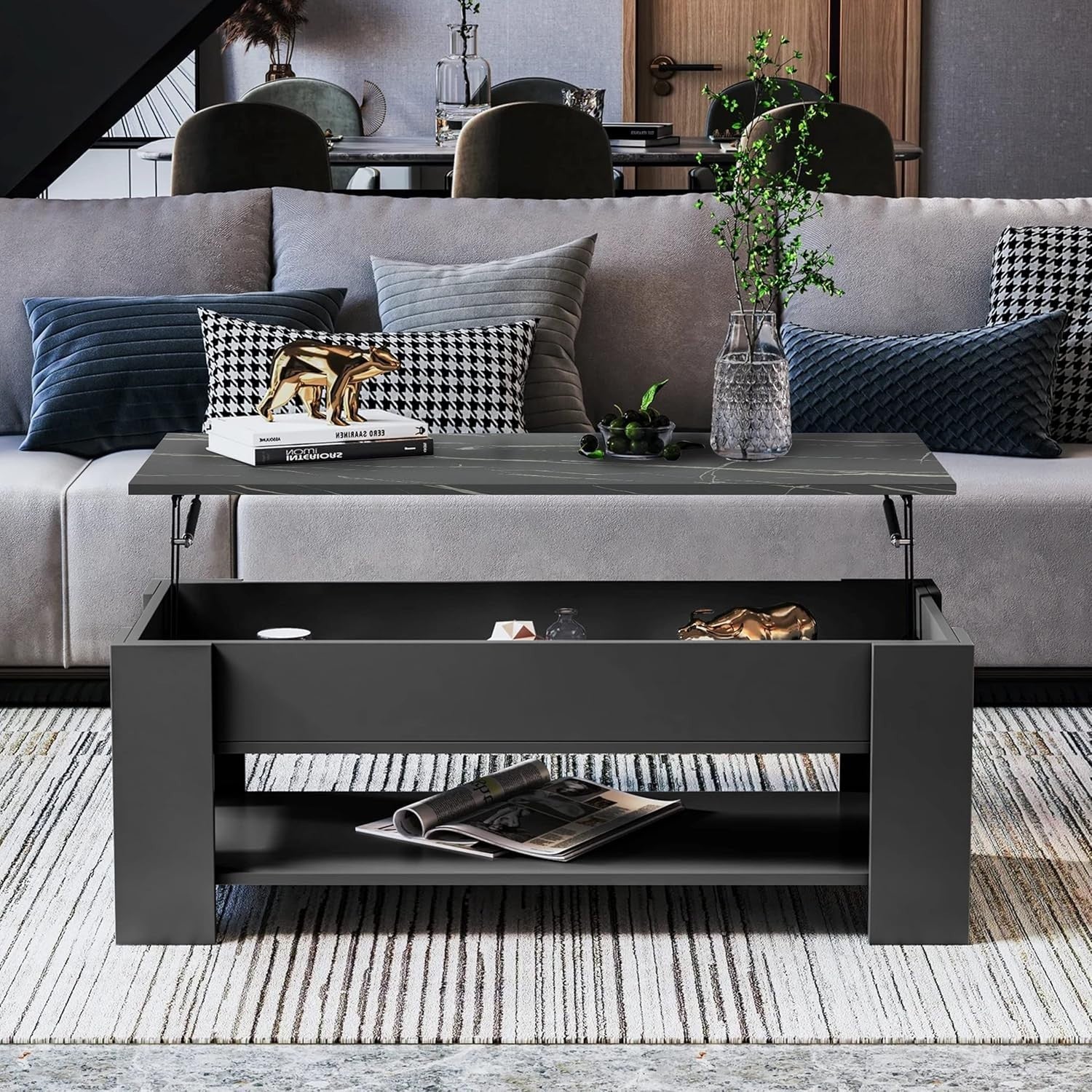 Lift Top Coffee Table with Hidden Storage & Shelf Grey Marble 120x60cm