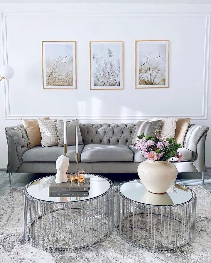 Luxury Silver Round Glass Coffee Table Set of 2 – Modern Wire Design